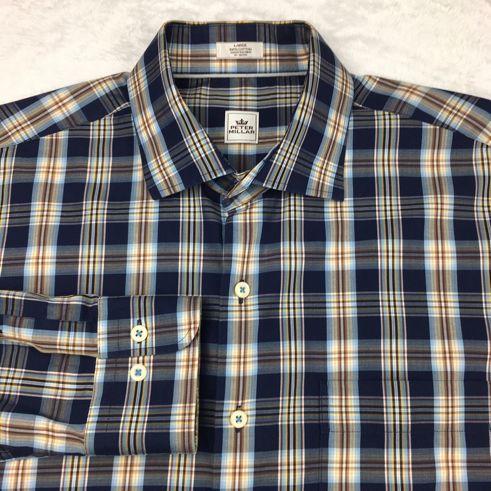 Peter Millar Crown Dress Shirt Mens Large Blue/Tan Plaid Long Sleeves